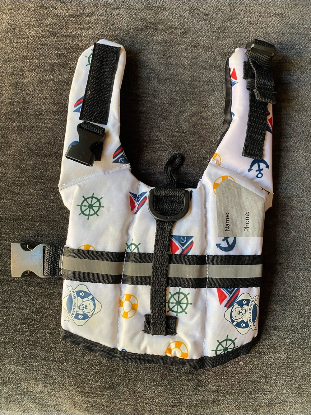 Nautical Print Dog Life Jacket - White with Blue & Yellow Accents